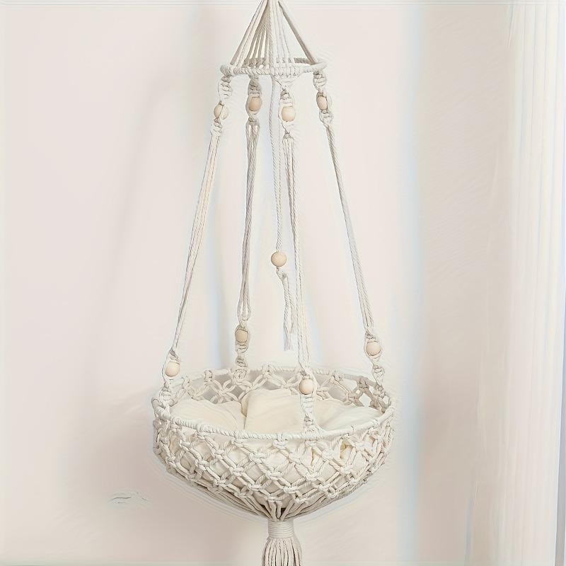 1pcs Bohemian Handwoven Cotton Rope Cat Hammock - Hanging Rattan Bed for Indoor Cats  Pet Basket with Macrame Design