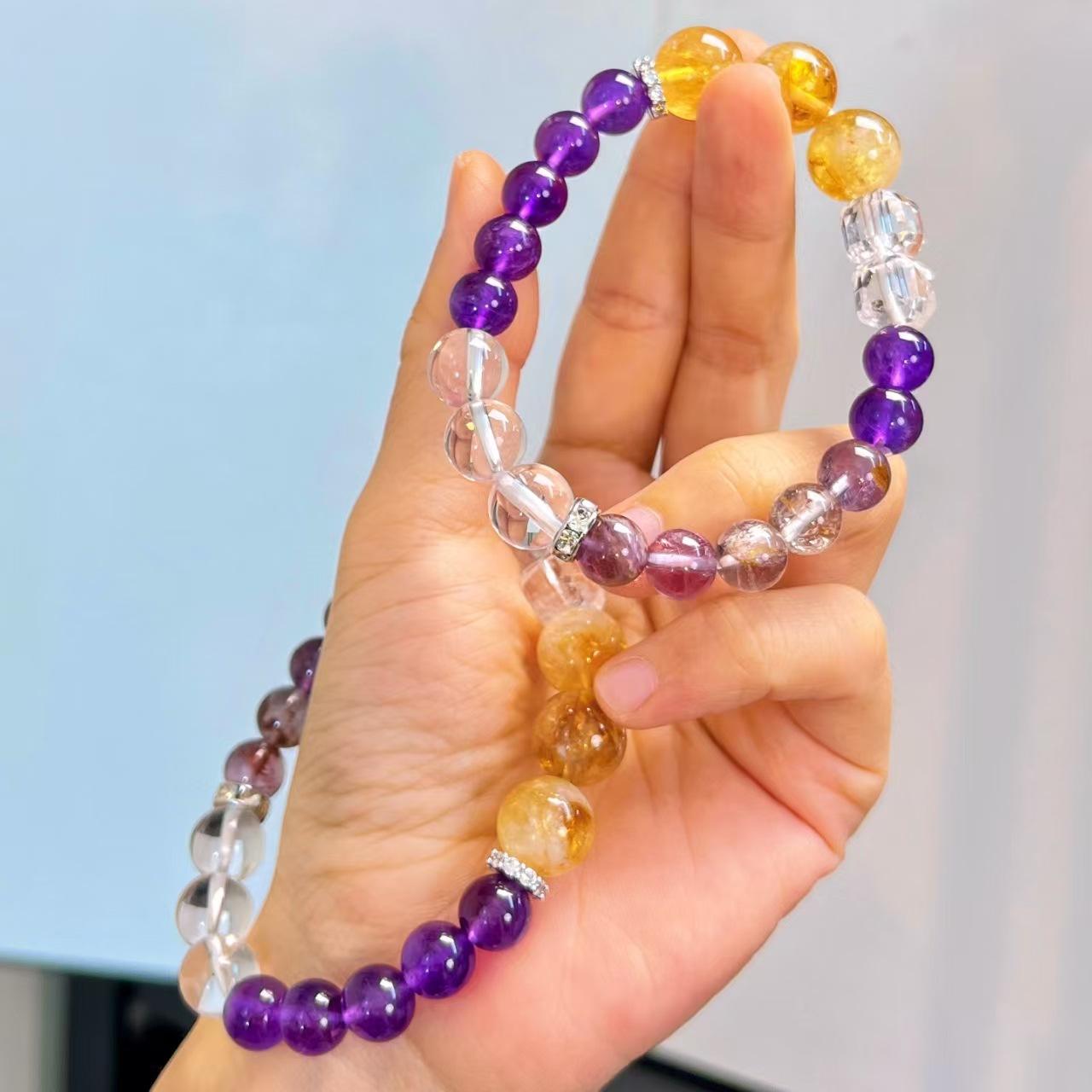 High Quality Vitreous Natural White Crystal 12Mm Citrine Purple Ghost Amethyst Bracelet