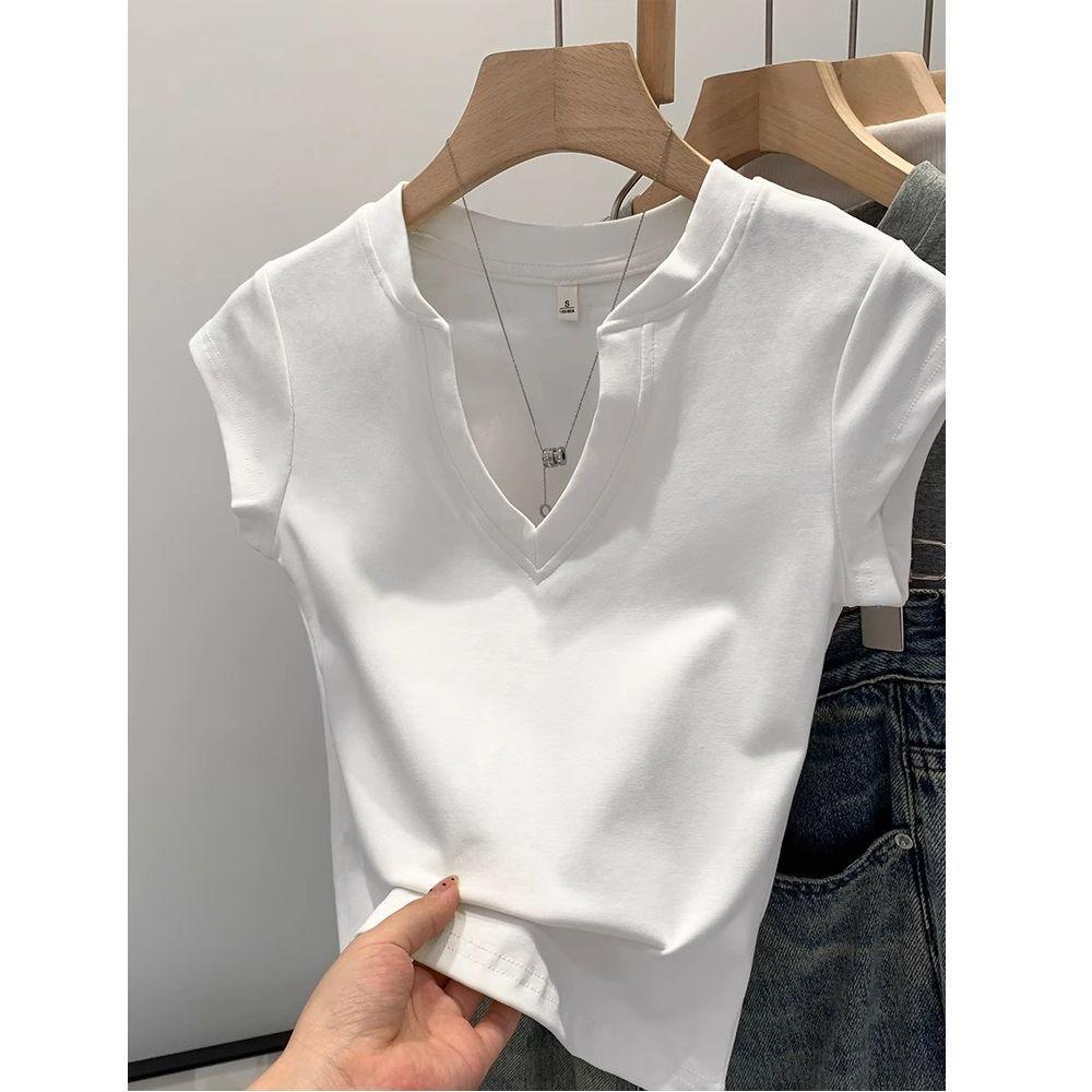 

Женская футболка с V-образным вырезом, облегающего кроя, с короткими рукавами - Модный дизайн, омолаживающий образ, для лета Small белый