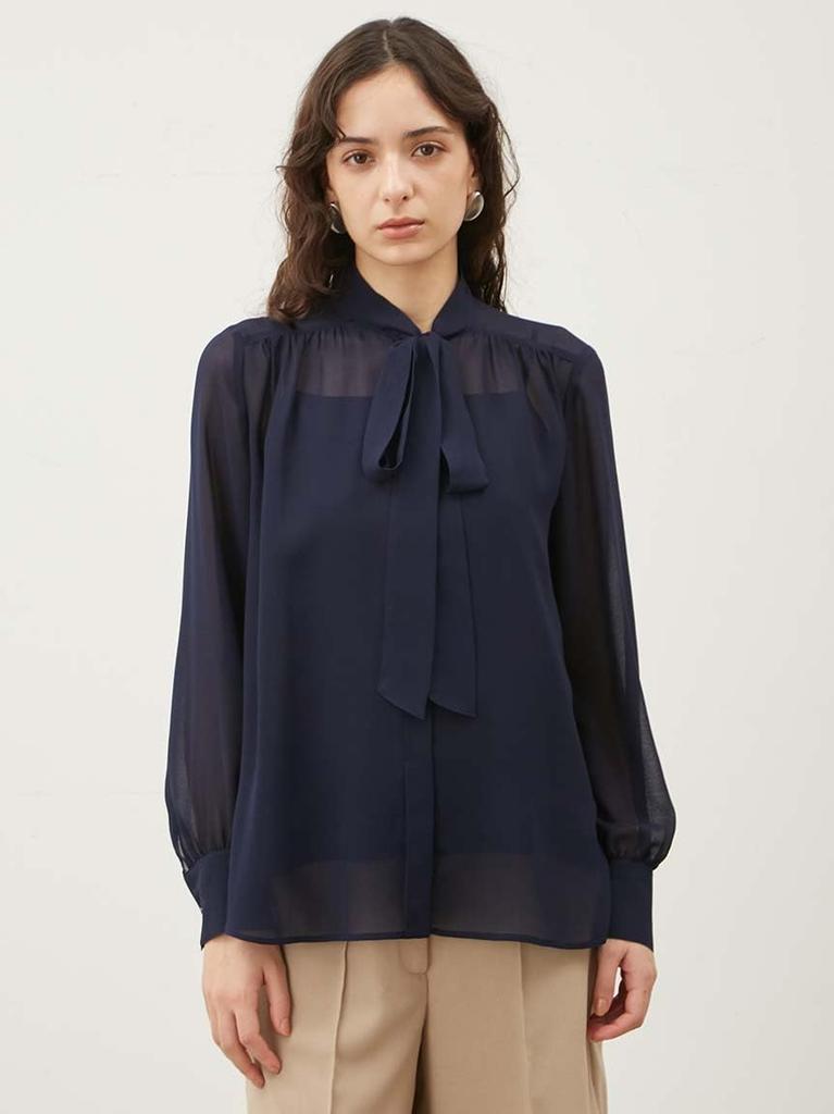 Mira Owen Georgette Bowtie NVY Women's Double-Breasted Blouse, 09WFB251074,