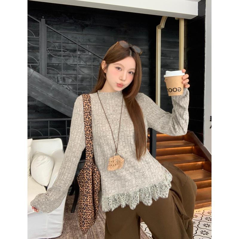 

Korean Retro Lace Trim Long Sleeve Women’s T-shirt - Autumn/Winter Half-high Collar with Buttons. S