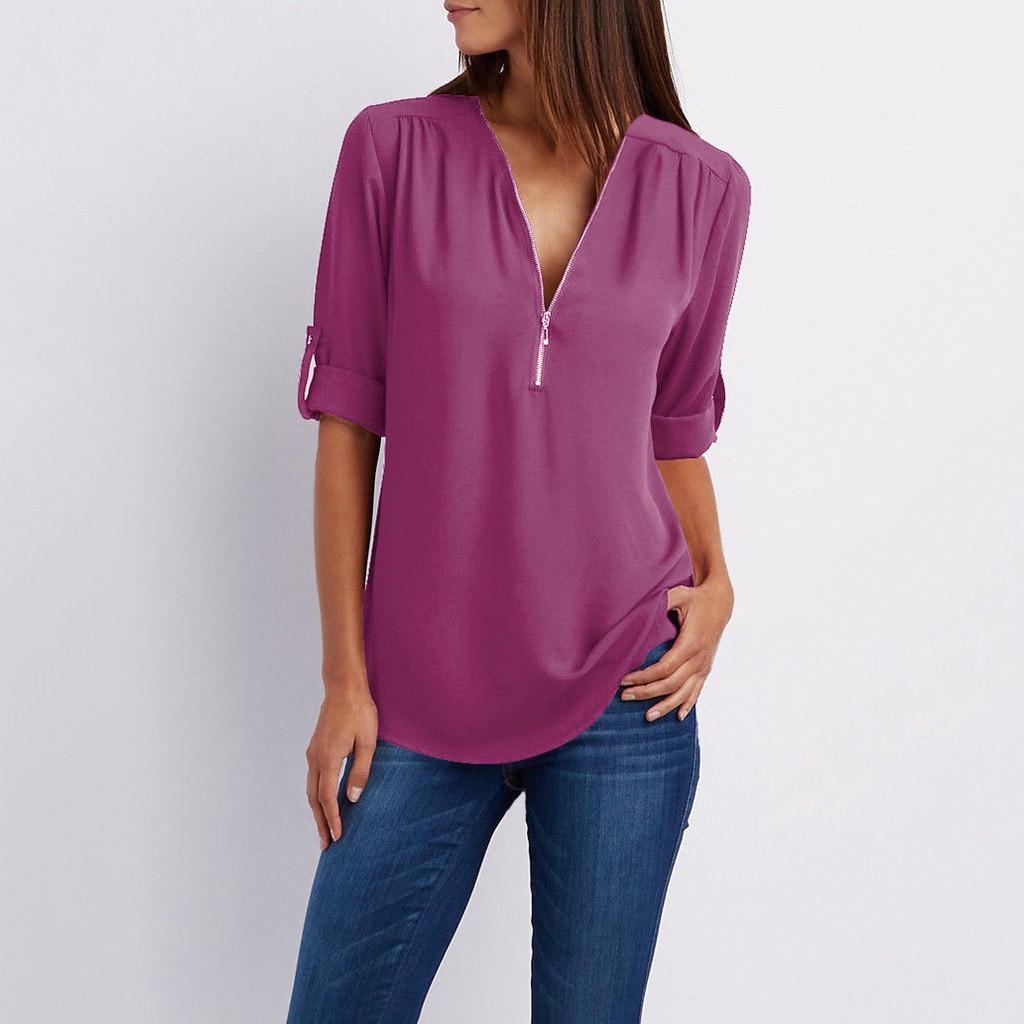 Women Ladies Zipper Button Long Sleeves Loose Chiffon Shirt Clothing