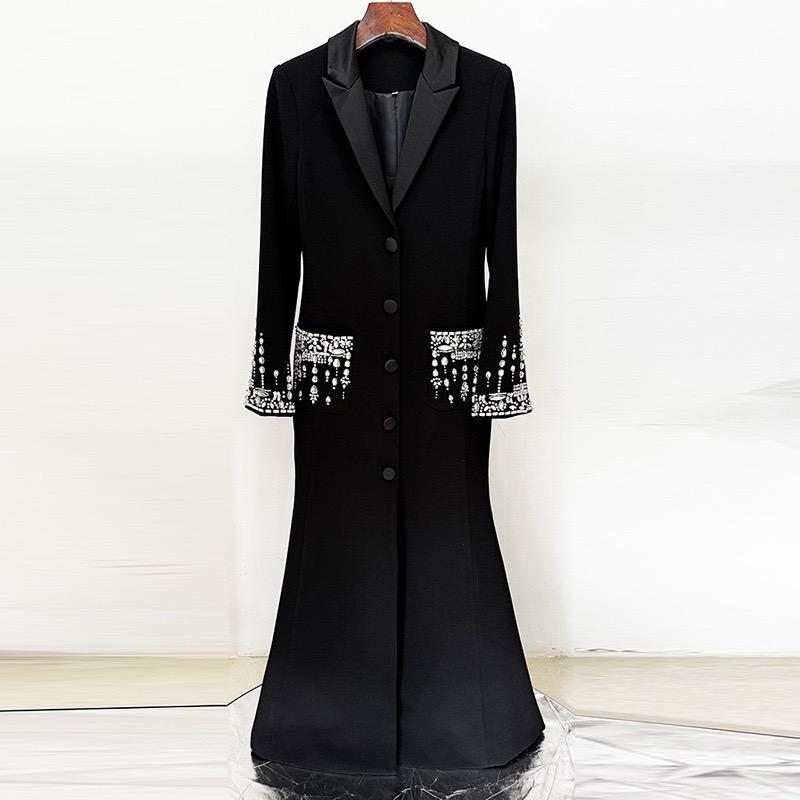 High Street Newest Designer Fashion Women's Long Sleeve Notched Collar Rhinestone Diamonds Beading Maxi Long Dress