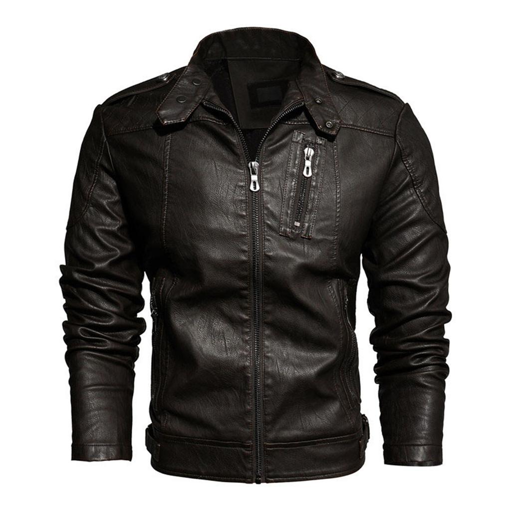 Men's Retro Motorcycle Leather Jacket Stand Collar Slim Fashion Plush Leather Jacket