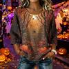 Women Casual Halloween Print Round Neck Three Quarter Sleeve Linen Cotton Blended Top Lightweight Comfortable Loose Fit Shirt