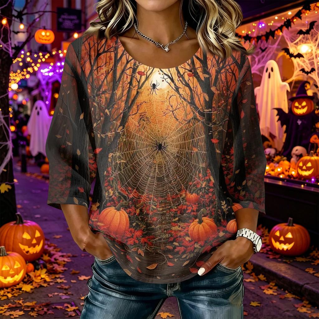 Women Casual Halloween Print Round Neck Three Quarter Sleeve Linen Cotton Blended Top Lightweight Comfortable Loose Fit Shirt