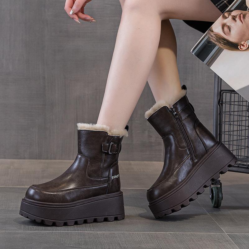 Leather Platform Martin Boots Women's Autumn and Winter New Small Velvet British Retro Short Boots