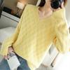 V-neck Sweater Women's Autumn and Winter Sweater Long-sleeved Pullover Loose Solid Color Jacquard Knitted Sweater Top