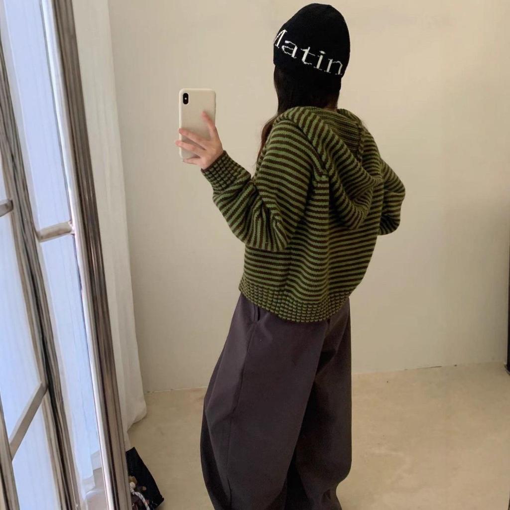 Korean Retro Color Block Stripe Zipper Hooded Knit Cardigan for Women - Autumn/Winter Loose Fit Sweater Jacket