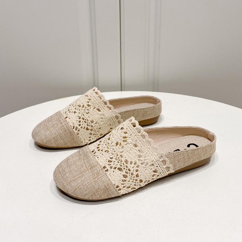 Fashion Hollow Canvas Mules Women Flats Slippers Dress Shoes Summer Sandals 2024 Comfort Flip Flops New Slingback Slides Mujer Zapatos