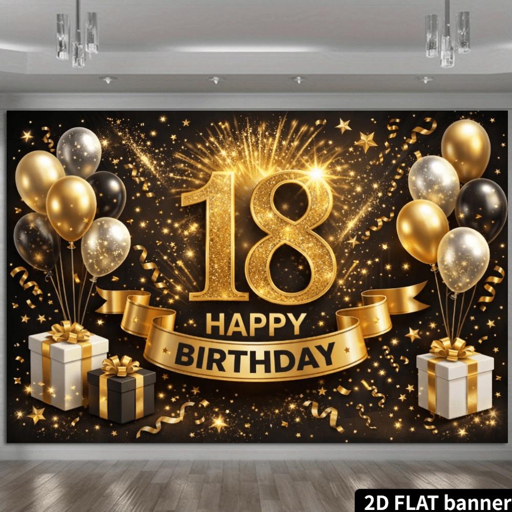 2D Black Gold Balloons 18th Birthday Backdrop Black Gold 18 Gold Black Gold Balloons Fireworks Stars Accent Polyester No Power Required For