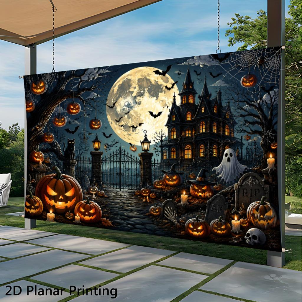 1 piece of 2D flat banner, 14 Halloween pumpkin haunted house, indoor and outdoor courtyard decoration background clothzyc