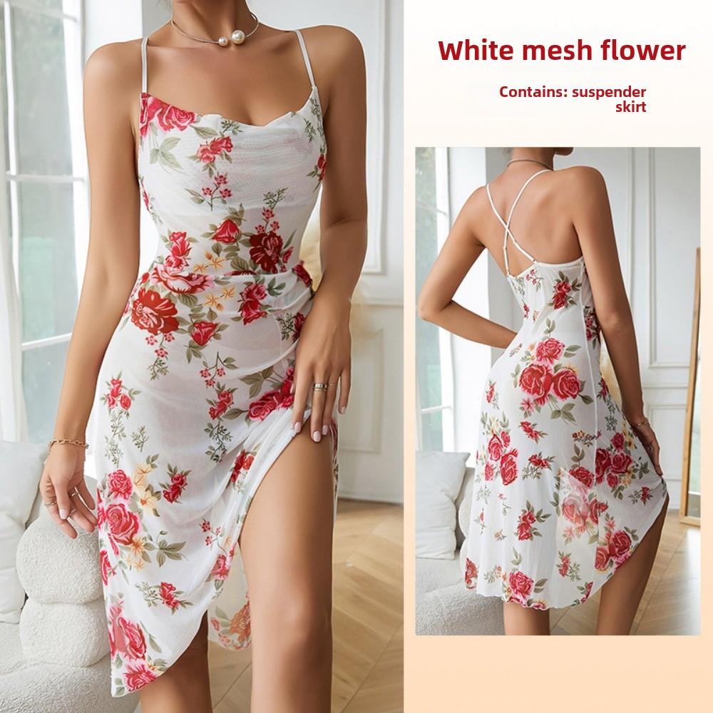 Netzstoff Blumenmuster Schwingender Hals Schlauchtop Unregelmäßiger Rock Trägerrock Loungewear