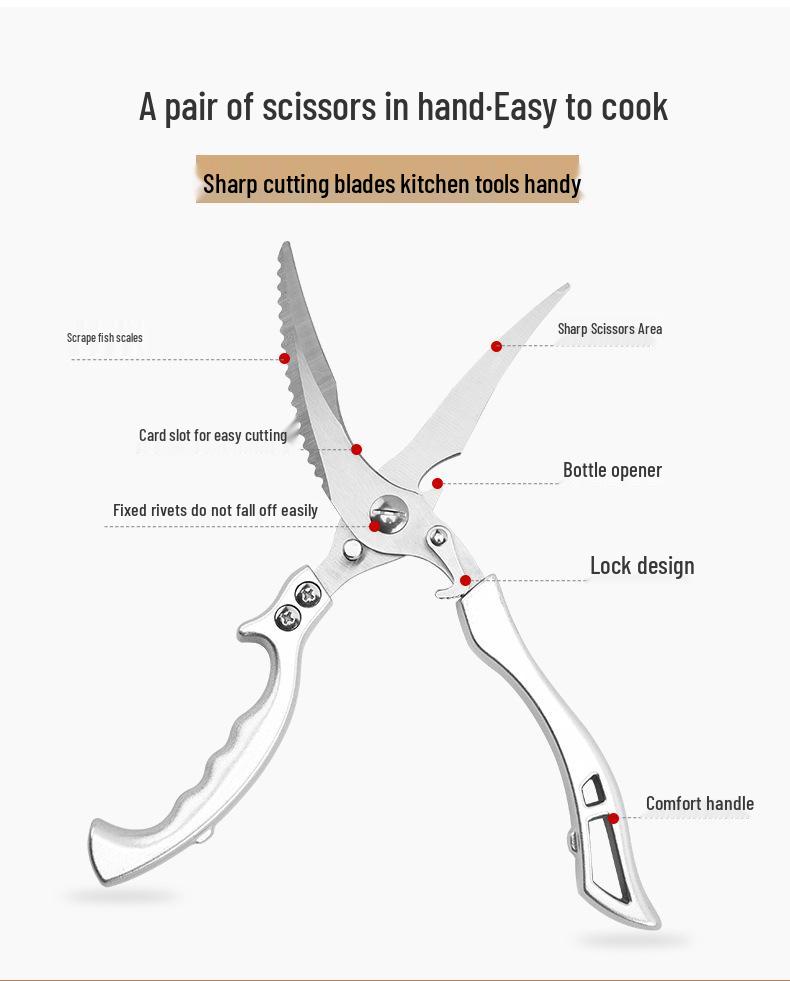 High-Demand All-Steel Kitchen Scissors: Multifunctional, Stainless Steel Scissors for Chicken Bones and Fish