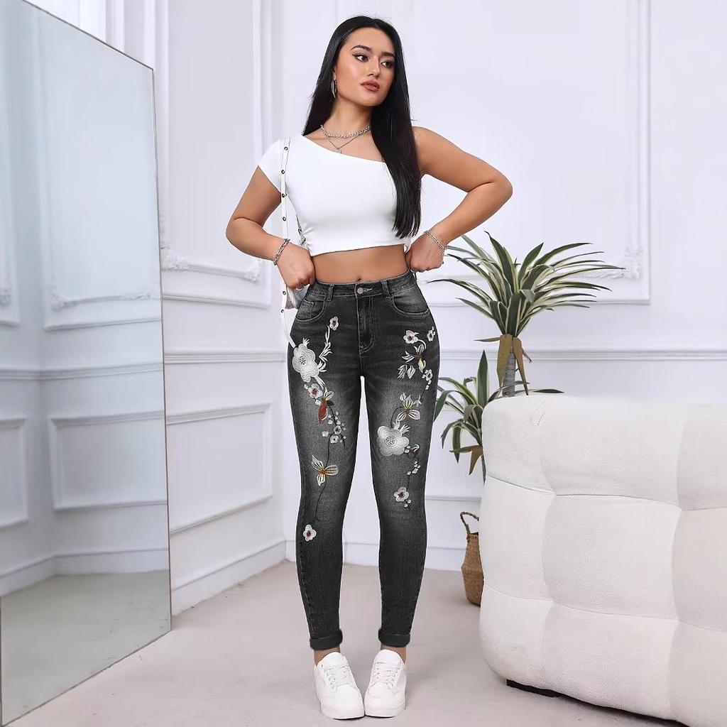 Damskie Jeansy Rurki z Haftem, Rozciągliwe, Wysmuklające, z Niskim Stanem, Styl Retro, Jesień 2025