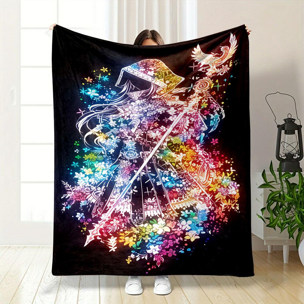 A Vibrant, Floral Silhouette of a Hooded Figure with a Phoenix. for All Seasons Blanket Lunch Break Throw Gift 75X95CM