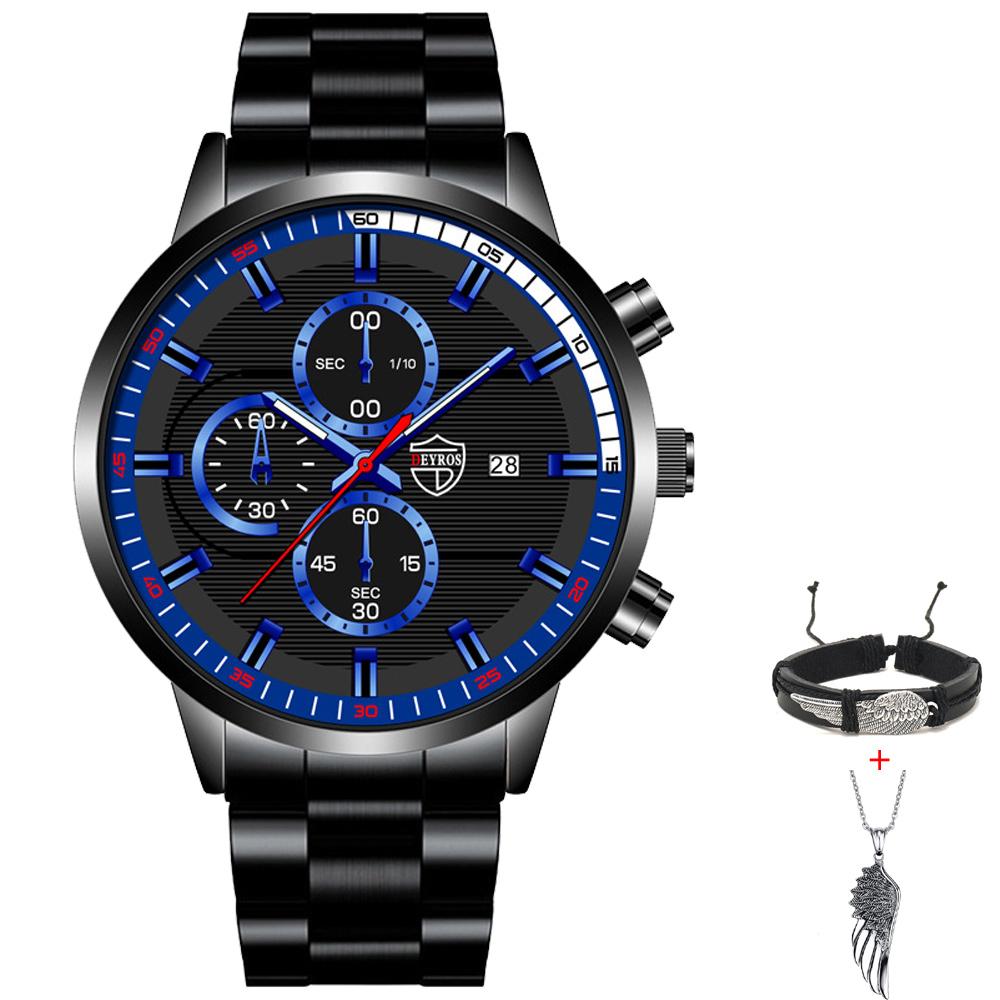 Fashion Men's Calendar Watch Mens Stainless Steel Wristwatch Casual Man Quartz Watches Bracelet Necklace Set Date Clock