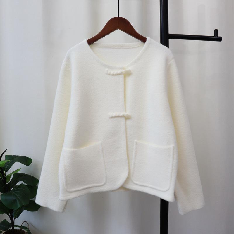 Love Buckle Knitted Double-sided Cardigan Short Coat Autumn and Winter New Loose Sweater Jacket Women