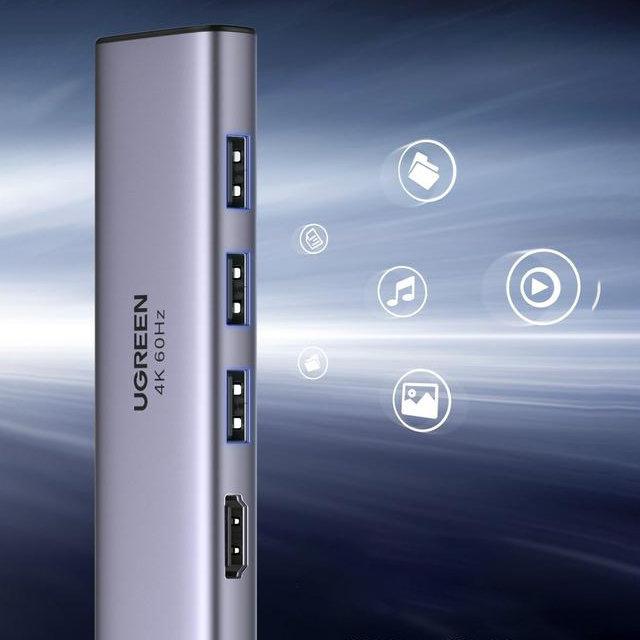 Ugreen USB-C Multiport Hub: 6-in-1 Adapter with Triple USB 3.2, 4K HDMI, SD/TF Reader - Model CM511 (Grey)