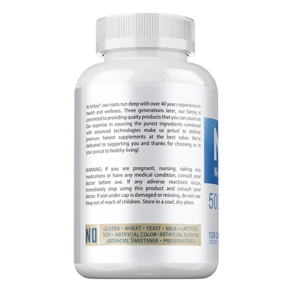 Airboy NAC Supplement, 500mg, sulfur-containing amino acid extract, immune health support.