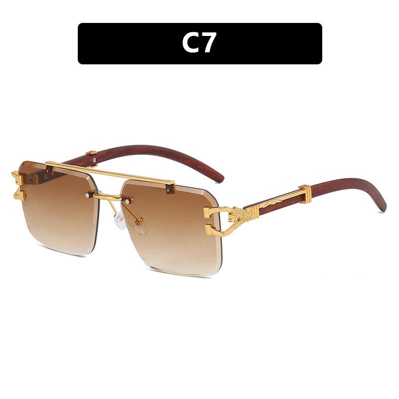 Double beam sunglasses frameless trimmed square sunglasses new European and American fashion leopard tide sunglasses wood grain