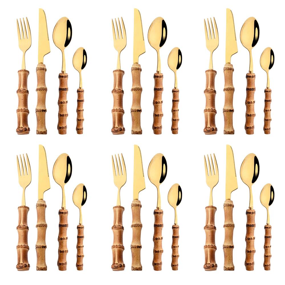 24Pcs Bamboo Cutlery Sets Stainless Steel Dinnerware Sets Gold Wooden Tableware Western Food Knife Fork Teaspoon Cutleries