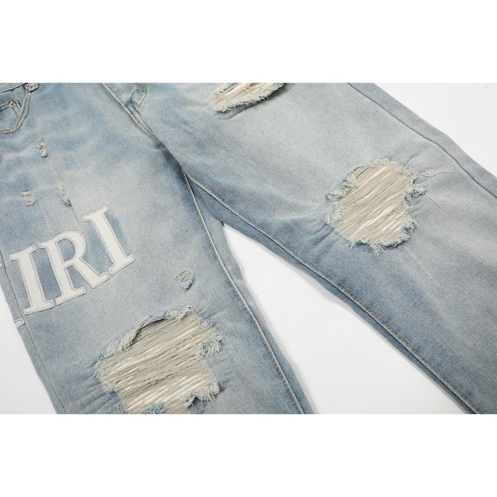 M06 Amiri Men's and Women's American Style Trendy Jeans with Fabric Patches, Holes, Embroidery, Casual and Fashionable High Street Pants