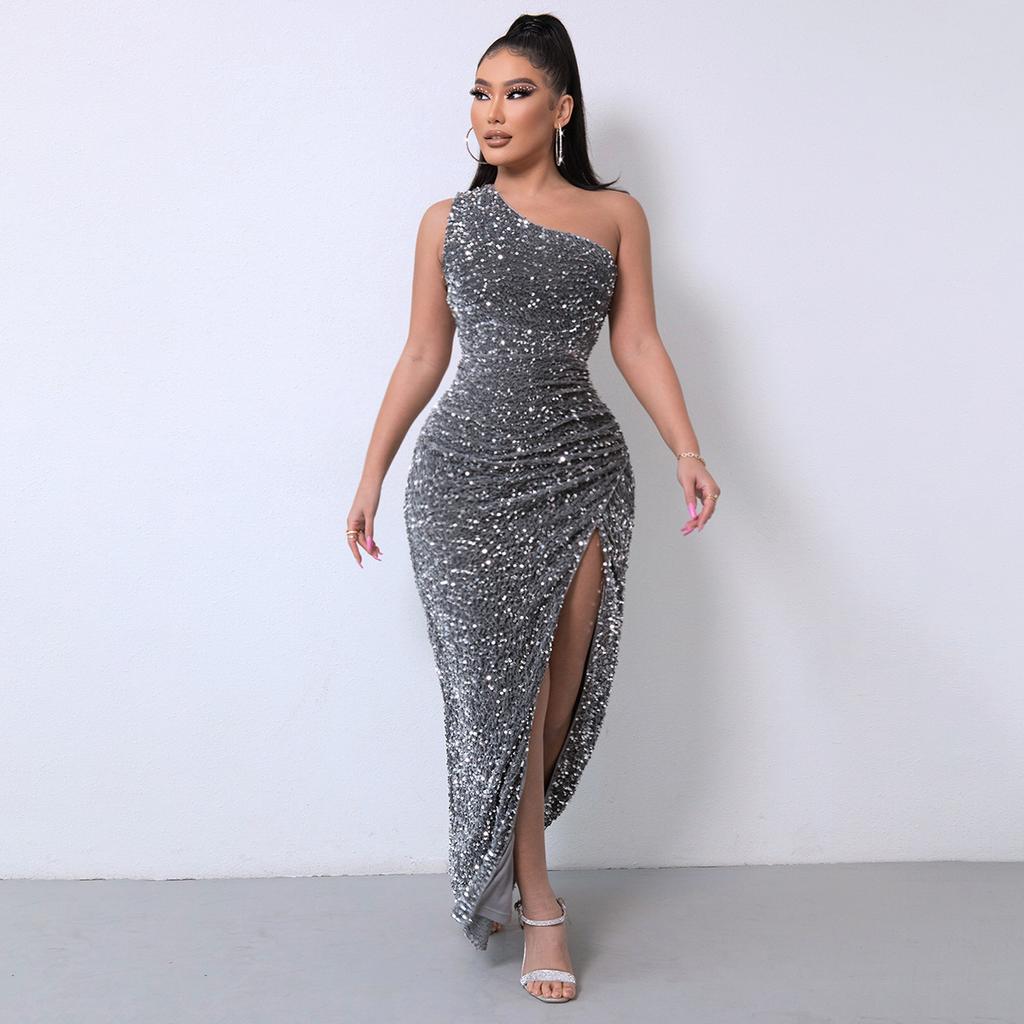 Summer new sequined sleeveless split and ankle tight bead dress (8 colors)