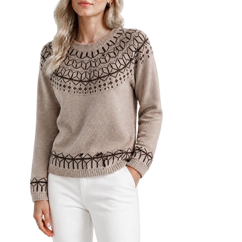 Women S Round Neck Geometric Jacquard Knit Sweater Loose Casual Raglan Sleeve Pullover
