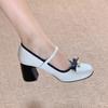 New Bow Round Head High Heels Women's Shallow Mouth with Mary Jane Shoes Thick Heel Single Shoes