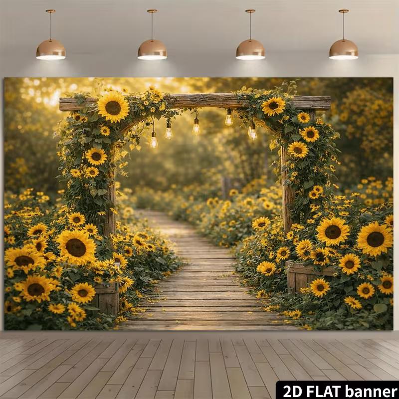 2D Rustic Garden Backdrop Sunflower Arch with Lights Portrait Studio Background