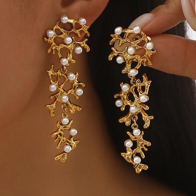 European Retro Bride Xiuhe Wear Branch Earrings Unique Geometric Design Pearl Inlaid Dangle Earrings For Women