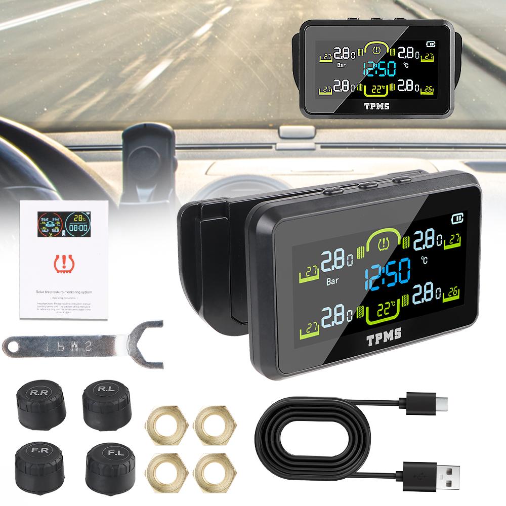 Solar TPMS T14-1 Tire Pressure Monitoring System Car Tyre Pressure Monitor With 4 External Sensors Temperature Warning Fuel Save Tyre Pressure Alarm