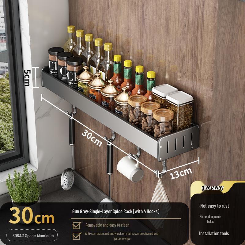 Gunmetal Wall-Mounted Kitchen Rack: No-Drill Seasoning, Knife Holder, Multifunctional Storage Solution