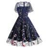 Women Evening Dress Double-layer Flower Embroidery Mesh A-line Big Swing Short Sleeves O Neck Back Zipper Closure Prom Party Midi Dress