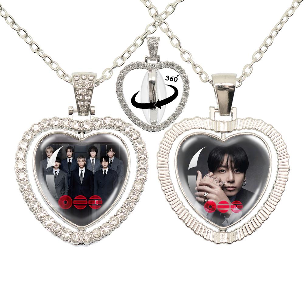 BTS Doppelseitige 360° drehbare Herz Halskette, Bangtan Boys Gruppe & Mitgliedsfoto Anhänger, Kpop ARMY Fans Schmuck Geschenk