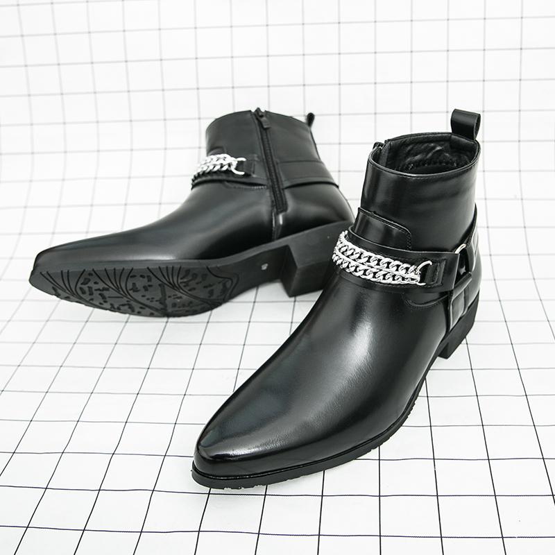 Fashion Leisure Walk Mens Chelsea Boots Handmade High Top Men Shoes Male Leather Ankle Boots Business Dress Shoes New Metal Buckle Botas