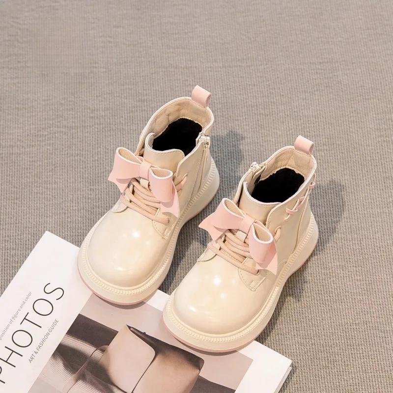 Princess Girl Boots Fashion Versatile Short Boot New Autumn Kids Shoes Shoelaces Velvet Sweet Girls Shoe Warm Velvet Ankle Boot
