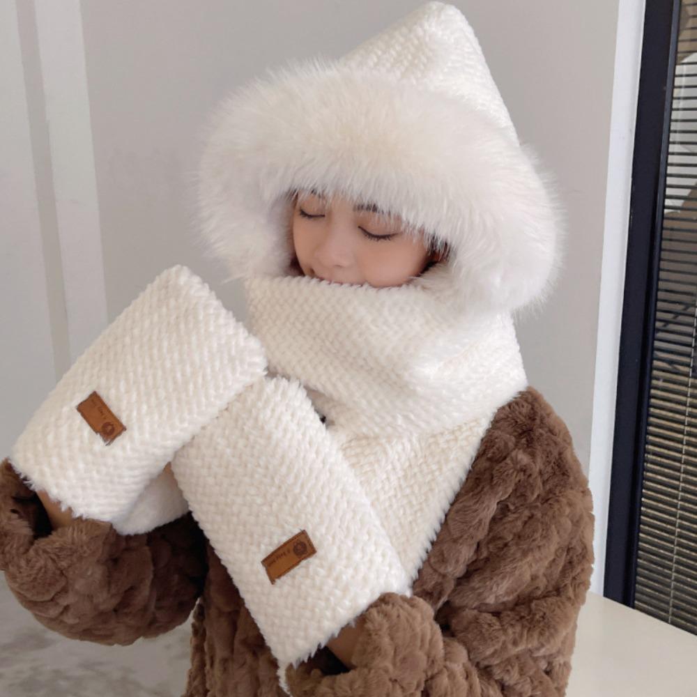 Thickened Plush Women Beanies Cap Cute Bear Ear Integrated Cap Scarf  Autumn Winter