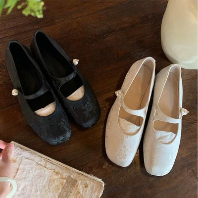 Modische Ballerinas für Damen 2025 Frühling und Herbst Perle Quadratische Zehenpartie Jacquard Mary Jane Damenschuhe