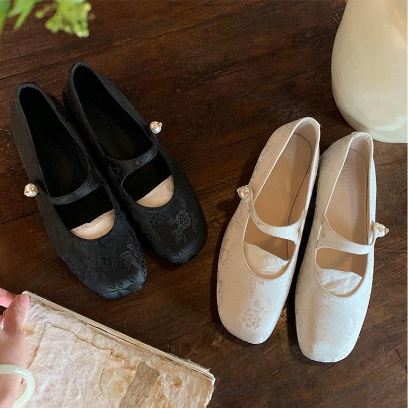 Fashion Flat Shoes for Women 2025 Spring and Autumn Pearl Square Toe Jacquard Mary Jane Women's Shoes