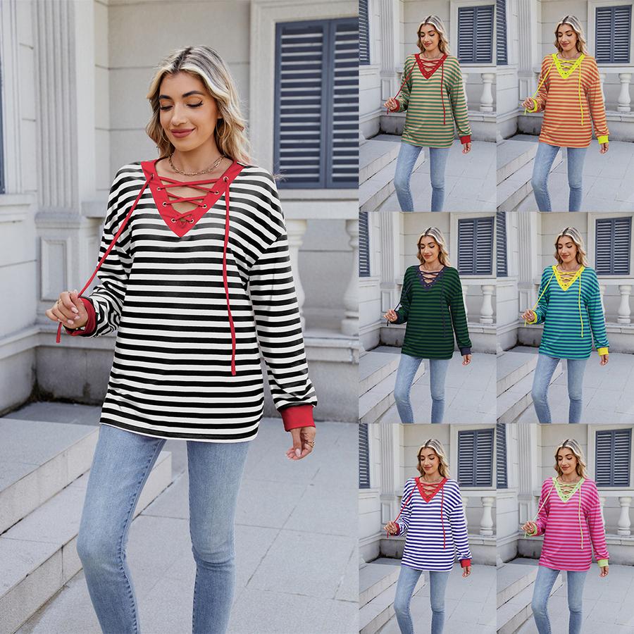Spring/Summer New Style Striped V-Neck Sweatshirt with Tying Long Sleeve for Women