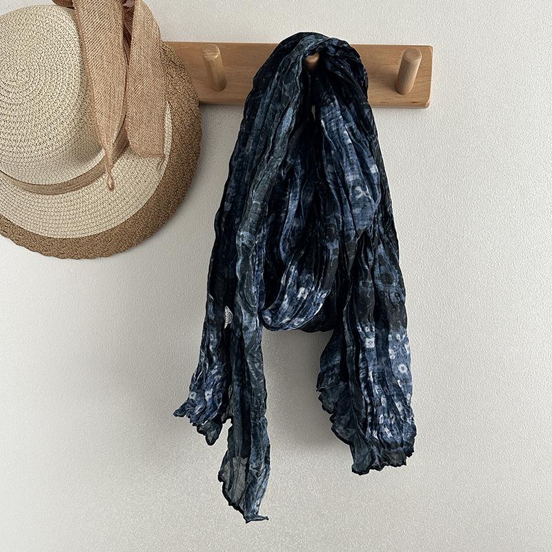 Natürlicher zerknitterter Baumwoll- und Leinen-Schal Damen Nostalgischer Retro Literarischer Stil Vielseitiger langer Schal Japanische Ausländische Stola 65-170cm black