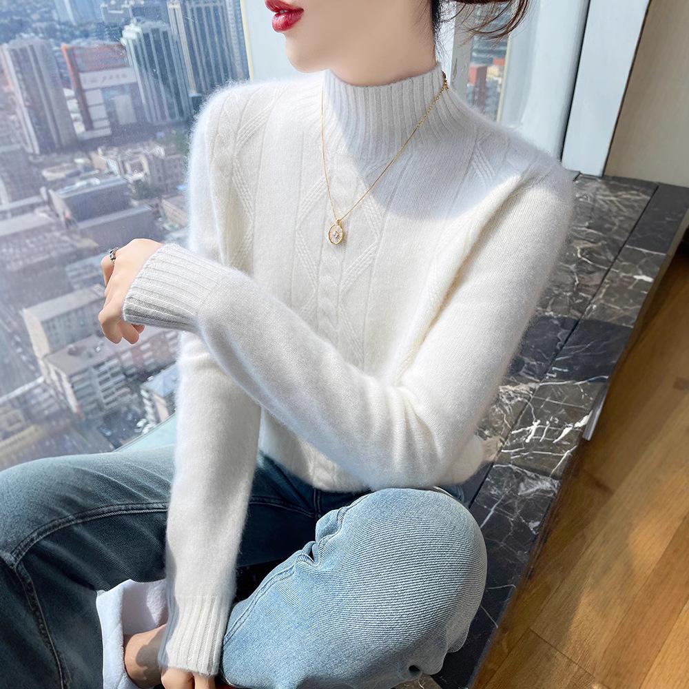 Damski wełniany sweter z golfem o splocie diamentowym - Wyszczuplający, wszechstronny pulower jesienno-zimowy