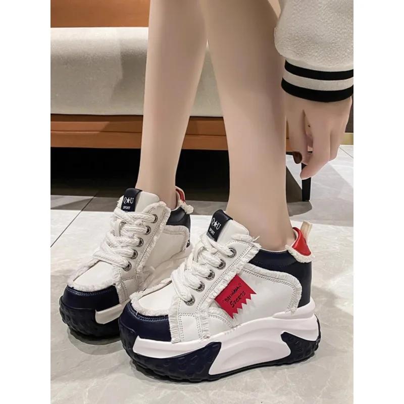 Fashion Autumn Women Platform Shoes Wedge Heels 10 CM Casual Shoes Height Increasing White Black Sneakers Women Leather Shoes New