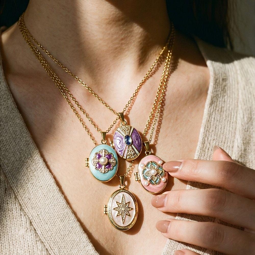 Openable Photo Locket Pendant Necklace Inlaid Rhinestones Glazed Flower Choker Women