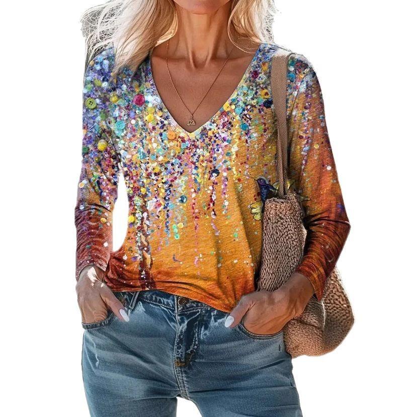 

V-образный вырез 3D ретро принтованный топ модные повседневные длинные рукава женские футболки 6XL