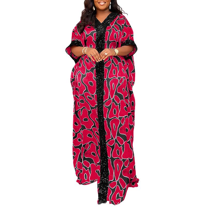 Plus Size Summer Women Round Neck Half Sleeve Print Ruffled Long Maxi Kaftan Dresses