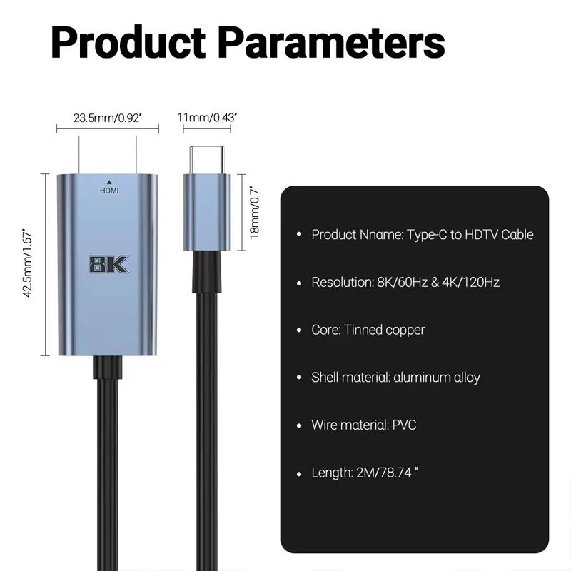 

USB C to HDMI Cable 8K@60Hz 4K@120Hz Type C to HDMI-Compatible HDTV Cable for TV Converter MacBook Air iPad USB-C HDMI Adapter 2m
