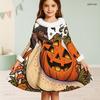 Girls High Neck Long Sleeve Halloween Black Cat Pumpkin Printed Fuzzy Trim A Line Dress
